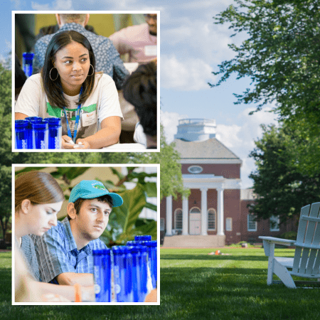 Collage with Memorial Hall in summer and undergraduate students at summer scholar orientation